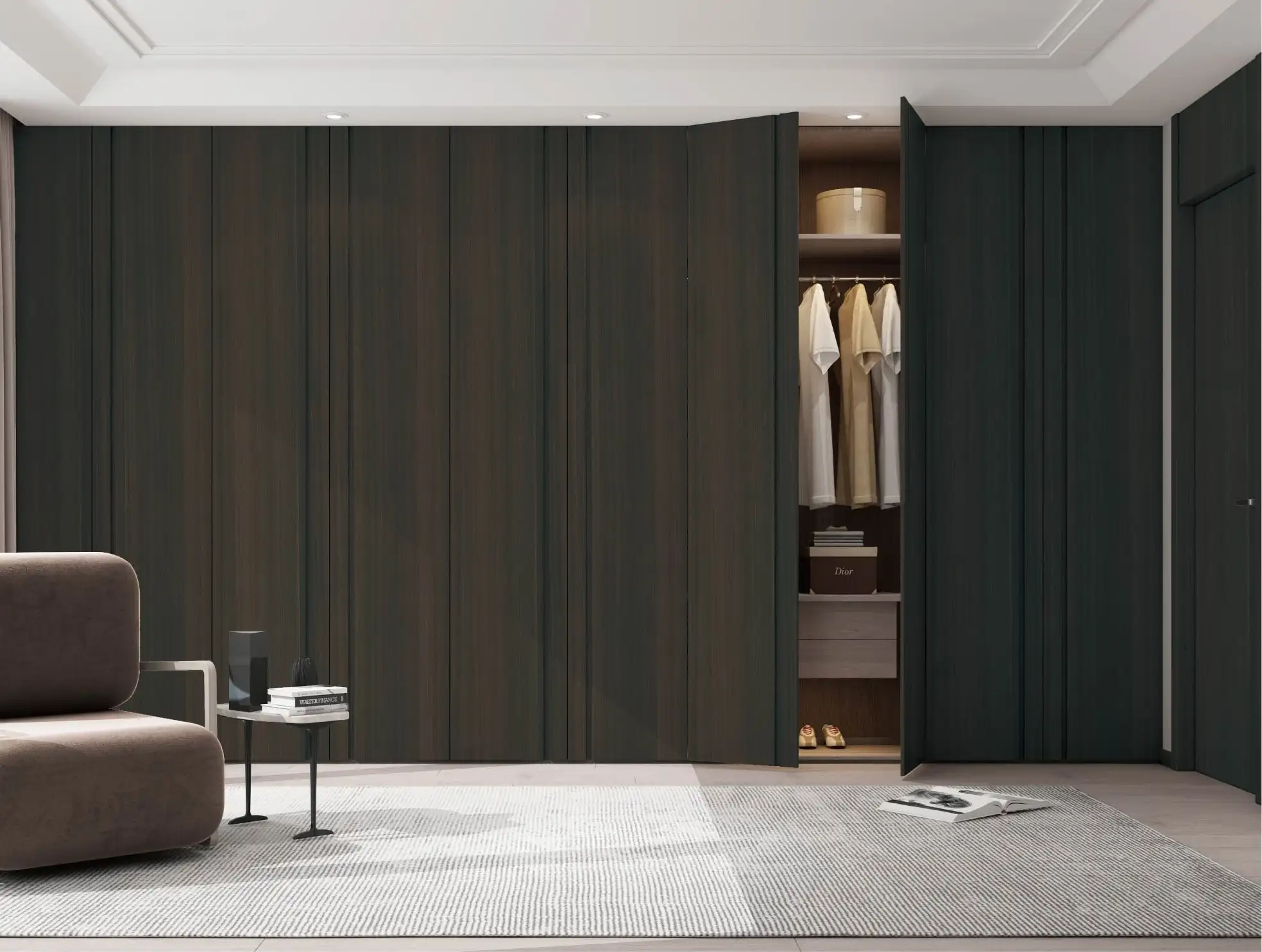 Deep green wardrobe run with a hinged door open to reveal hanging space