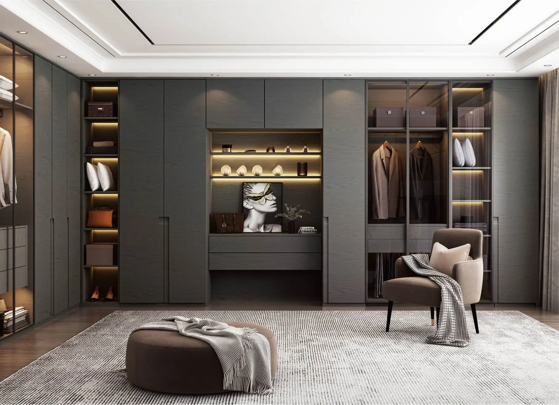 Grey dressing room with open hanging bays, lit display shelving and drawer banks