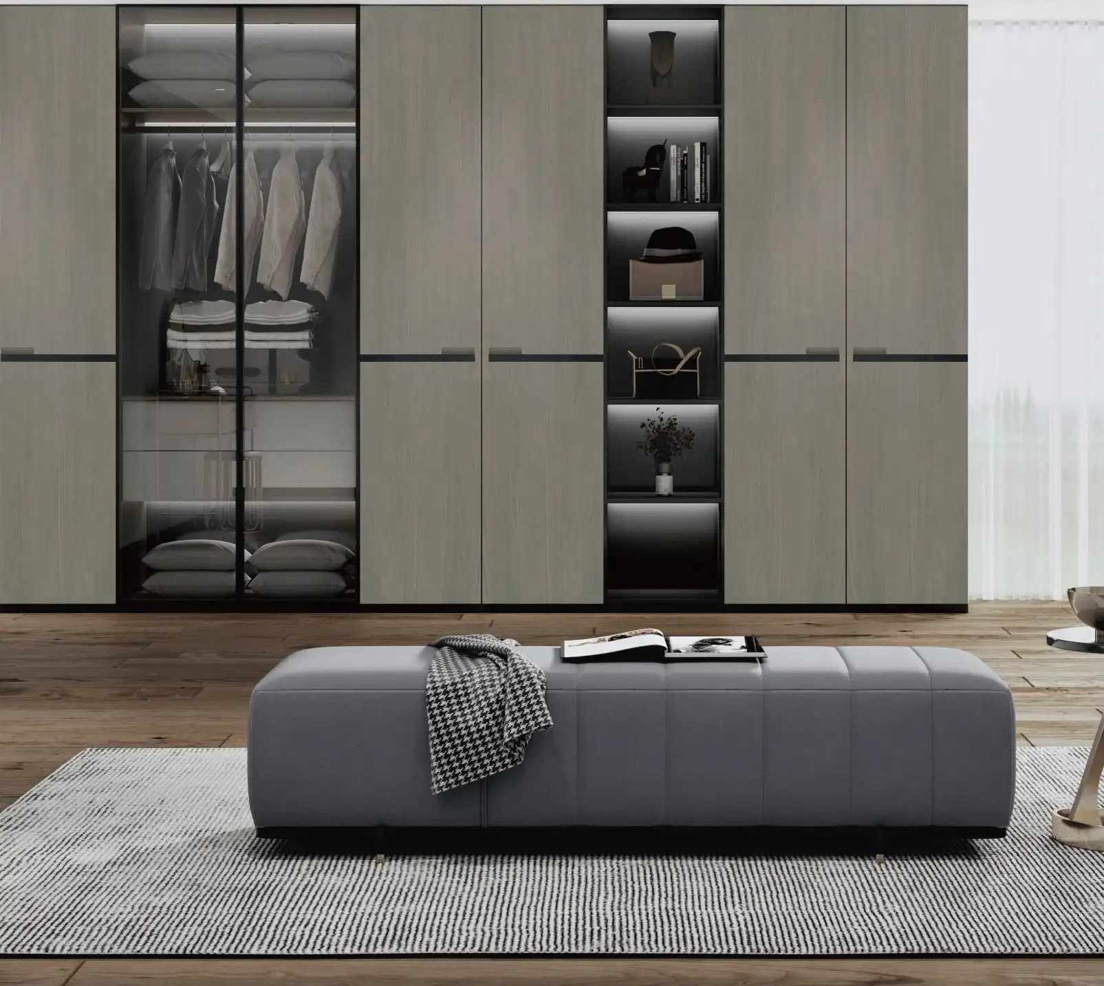 Grey glass-fronted wardrobes with lit interiors and a long upholstered bench