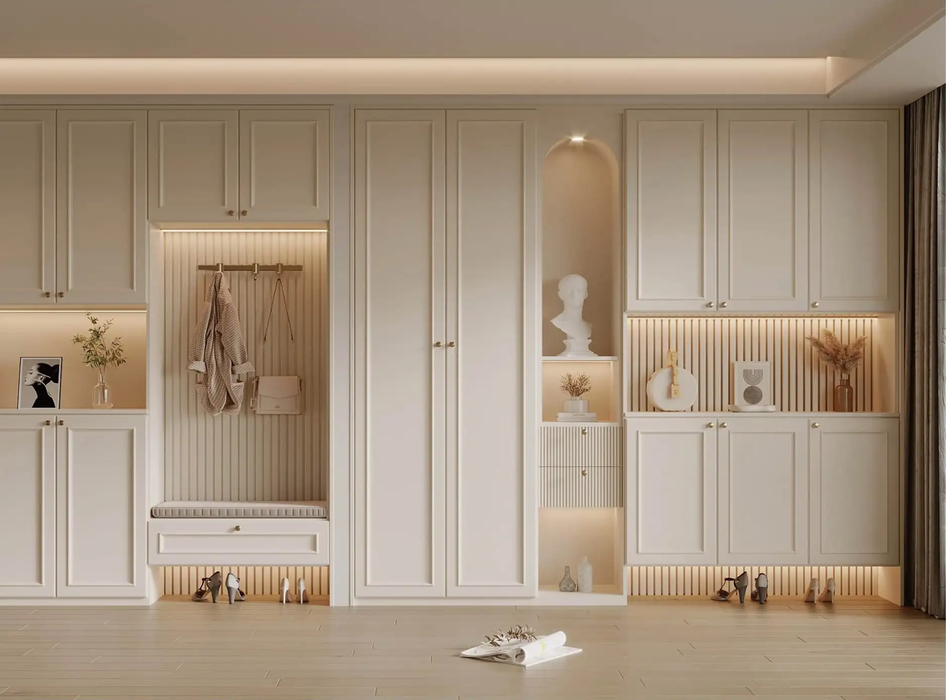 Cream entryway wardrobe wall with fluted panels, hanging space and lit display shelves