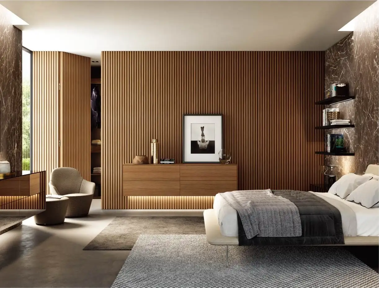 Bedroom with a fluted walnut feature wall, floating sideboard and corner shelving