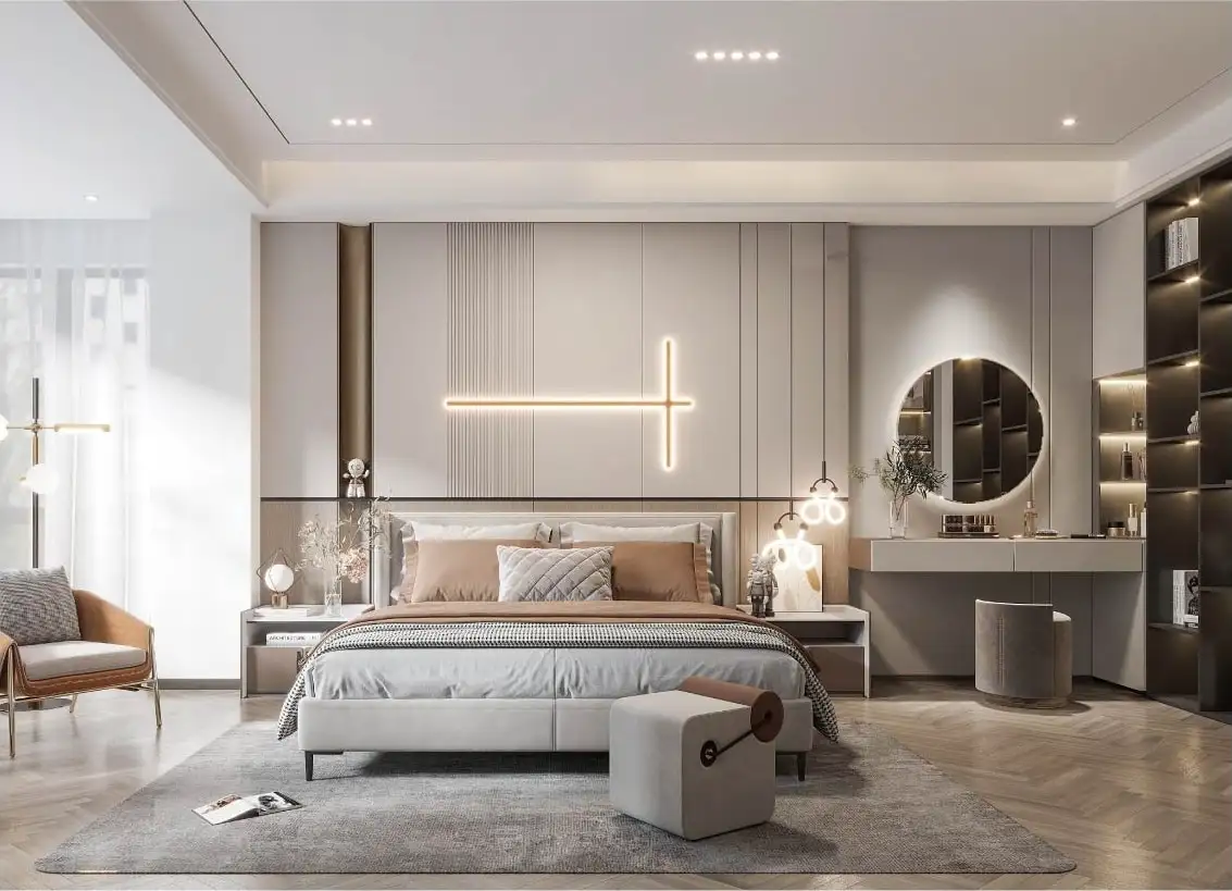 Bedroom with a lit dressing table, round mirror and dark built-in shelving