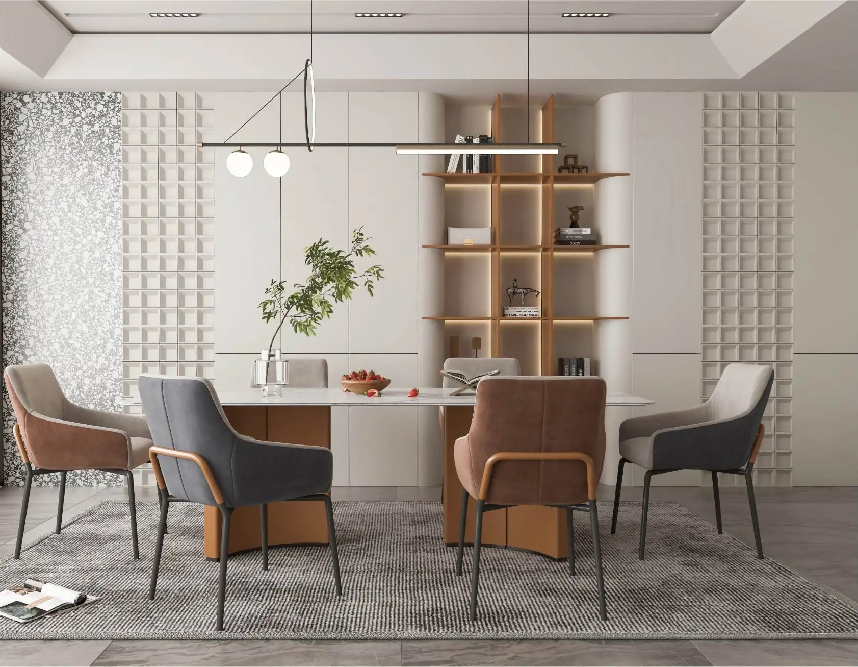 Home office with a built-in desk for four, open shelving and a textured glass screen