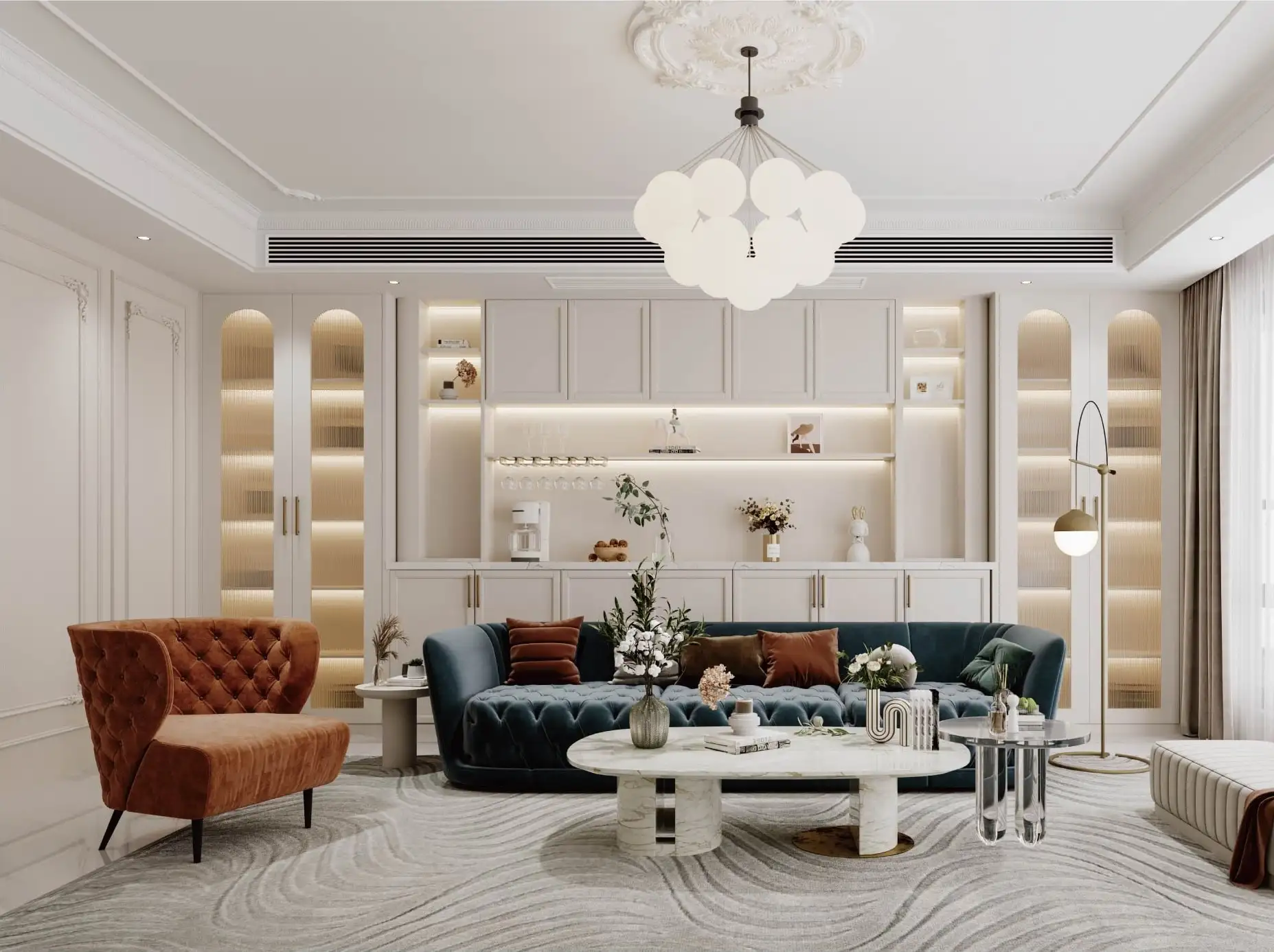 Cream living room with arched built-in display cabinets flanking a low sideboard