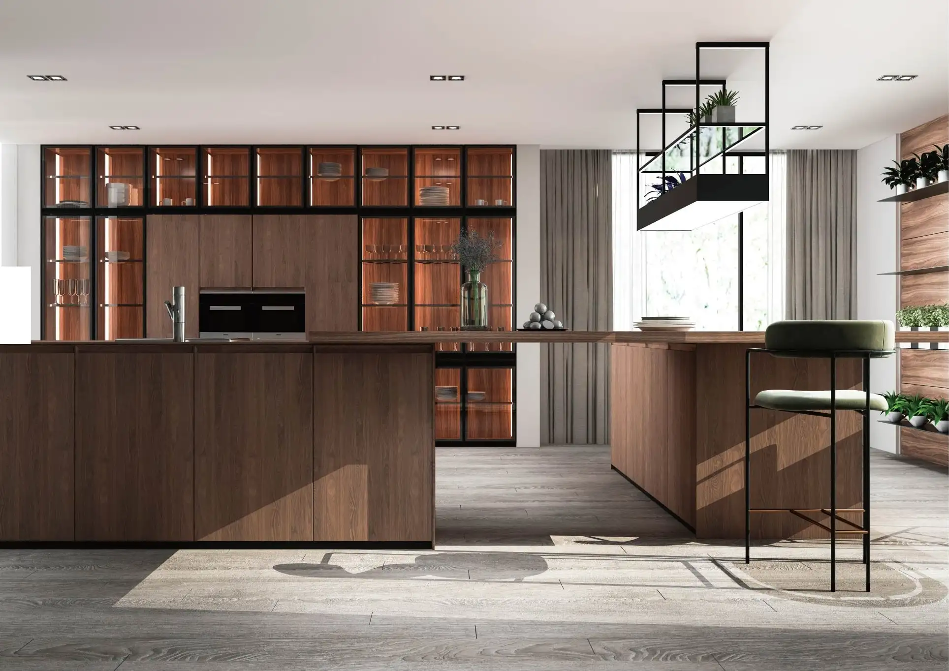Walnut kitchen with a glazed display wall, waterfall island and bar seating