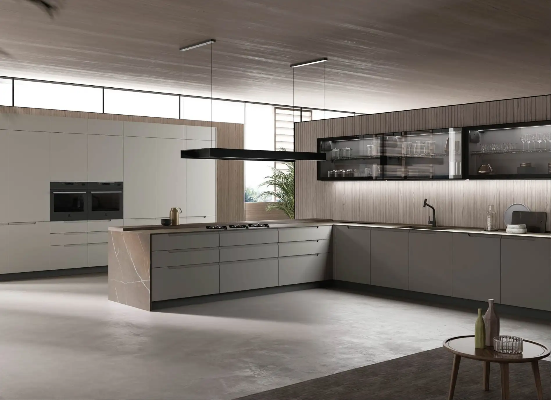 Dark handleless kitchen with a long island, glazed upper cabinets and a ceiling extractor