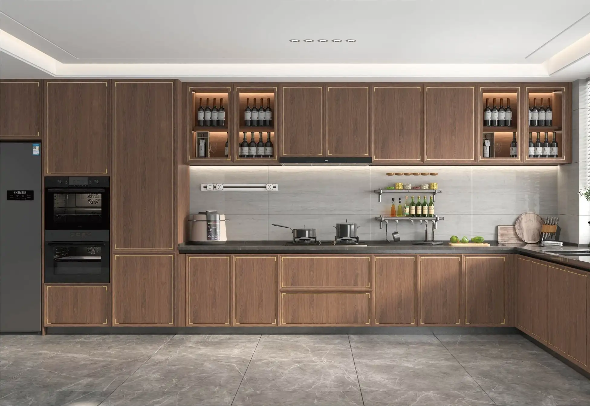 Walnut kitchen run with lit open shelving, glazed wine storage and dark stone worktops