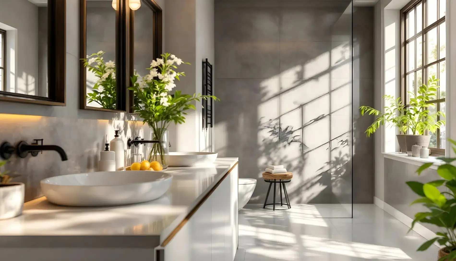 Modern bathroom remodel with vessel sinks, white floating vanity, gray tile walls, and natural light casting leaf shadows
