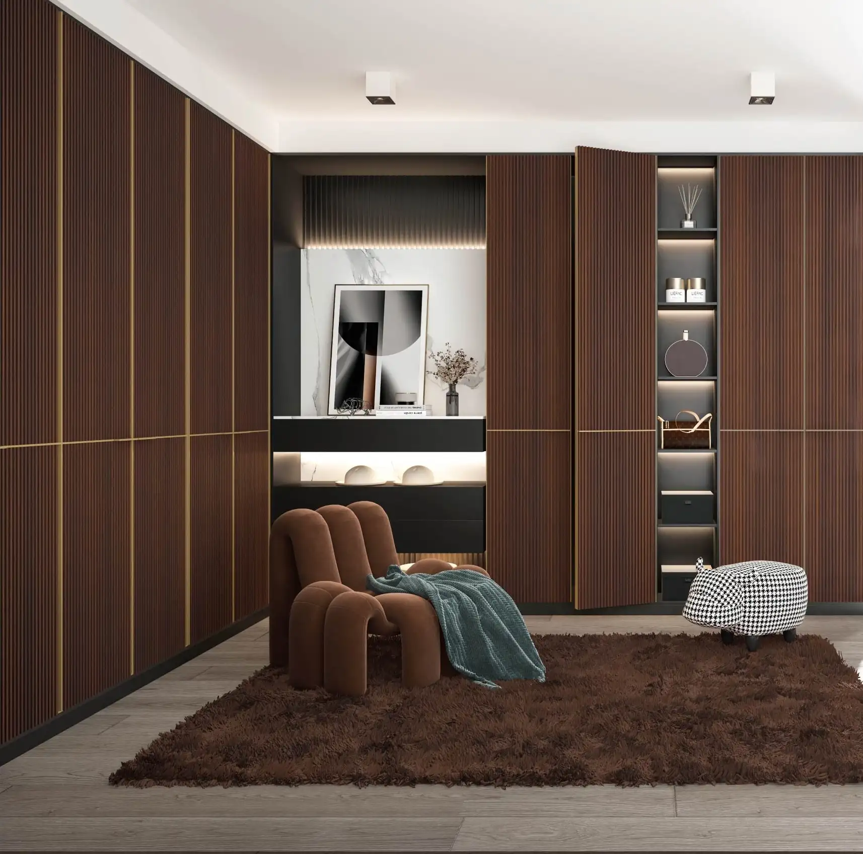 Walnut dressing room with fluted panels, lit niches and a curved brown armchair