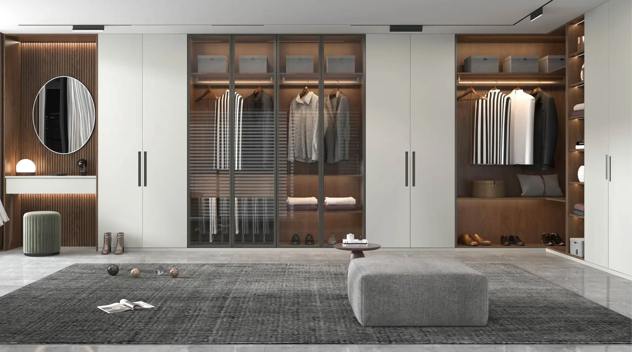 Wide dressing room with white wardrobes, warm wood hanging bays and a wall mirror