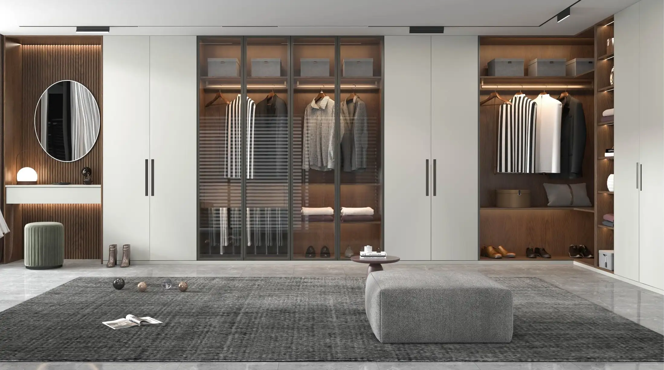 Wide dressing room with white wardrobes, warm wood hanging bays and a wall mirror