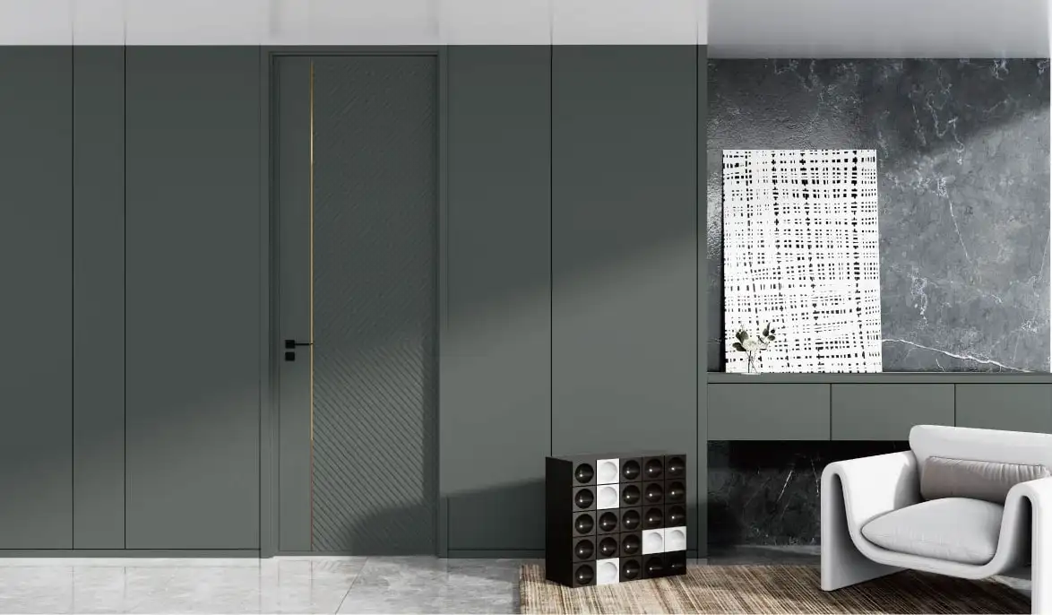 Dark green full-height wall paneling with a flush integrated door and marble fireplace
