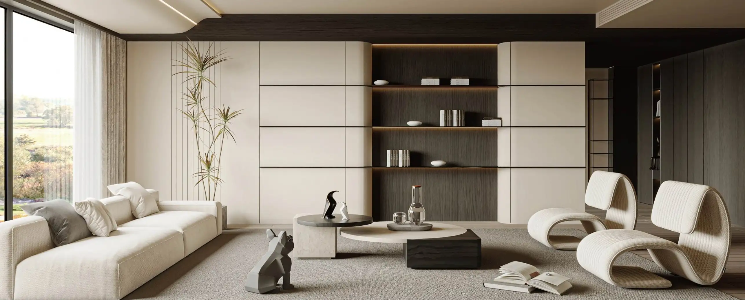 Living room with a built-in shelving unit and low cabinets beside a wide window