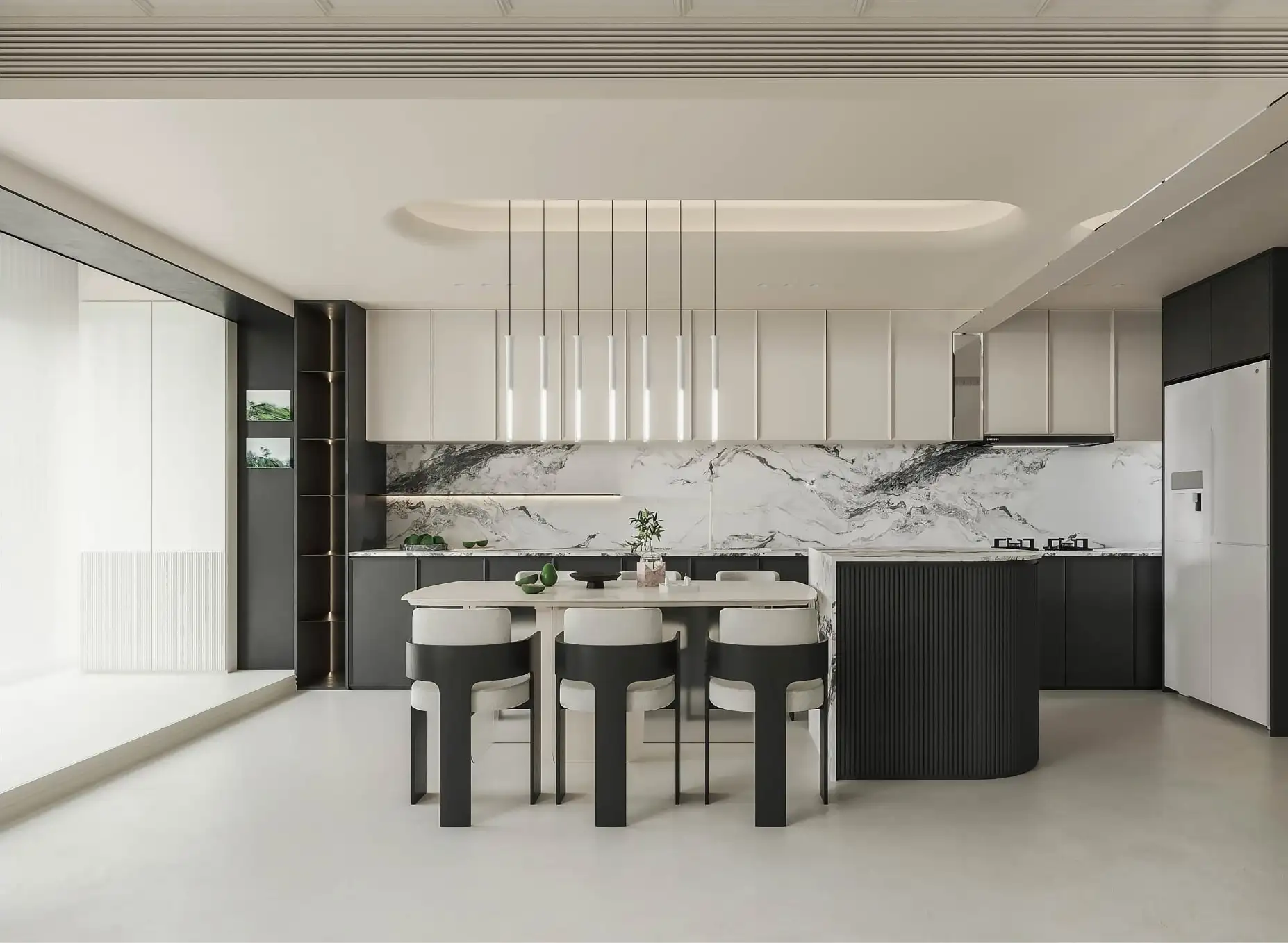 Open-plan kitchen with a curved fluted island, marble backsplash and pendant lights