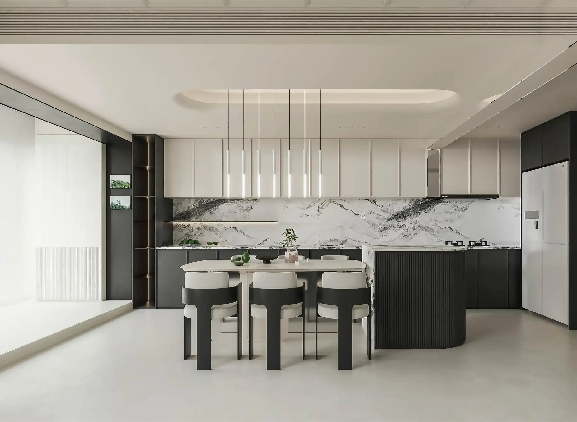 Open-plan kitchen with a curved fluted island, marble backsplash and pendant lights