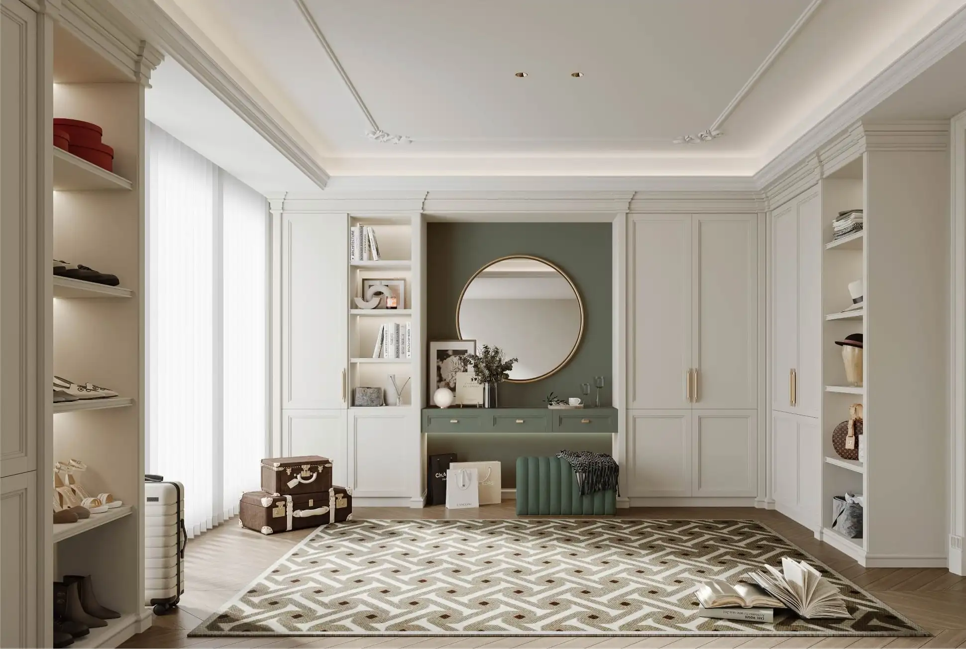 Dressing room with cream wardrobes, a green upholstered bench and a round mirror