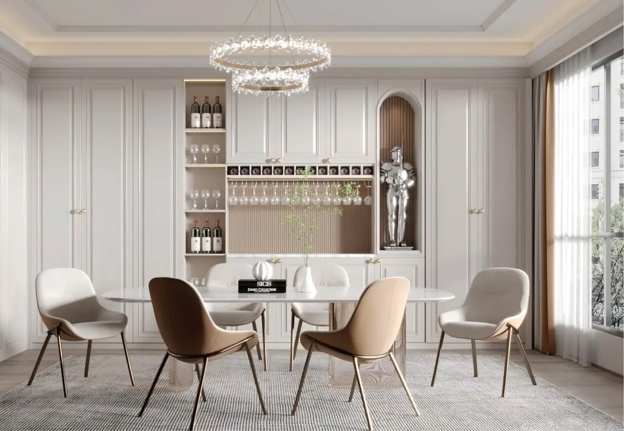Dining room with a built-in bar and glazed wine storage in cream painted cabinetry