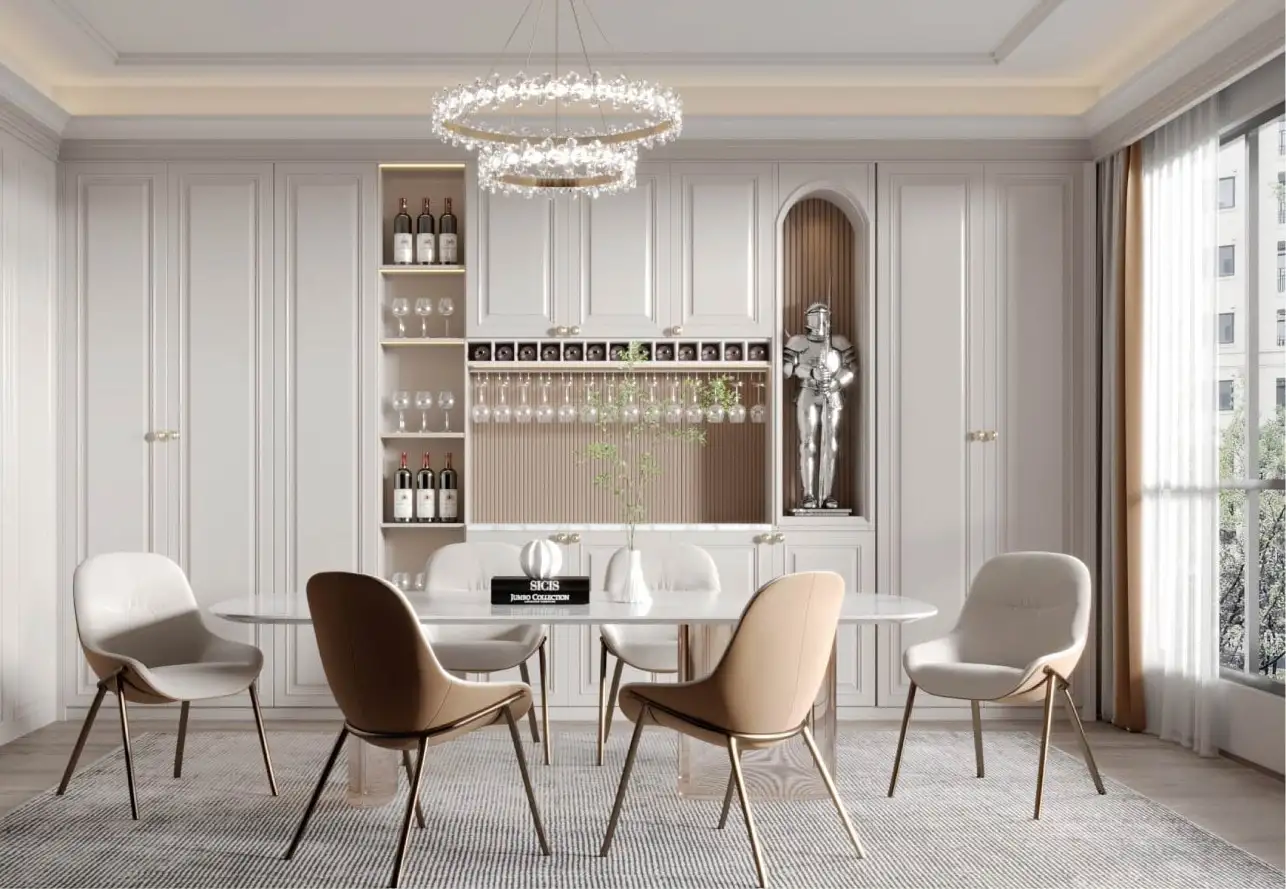 Dining room with a built-in bar and glazed wine storage in cream painted cabinetry