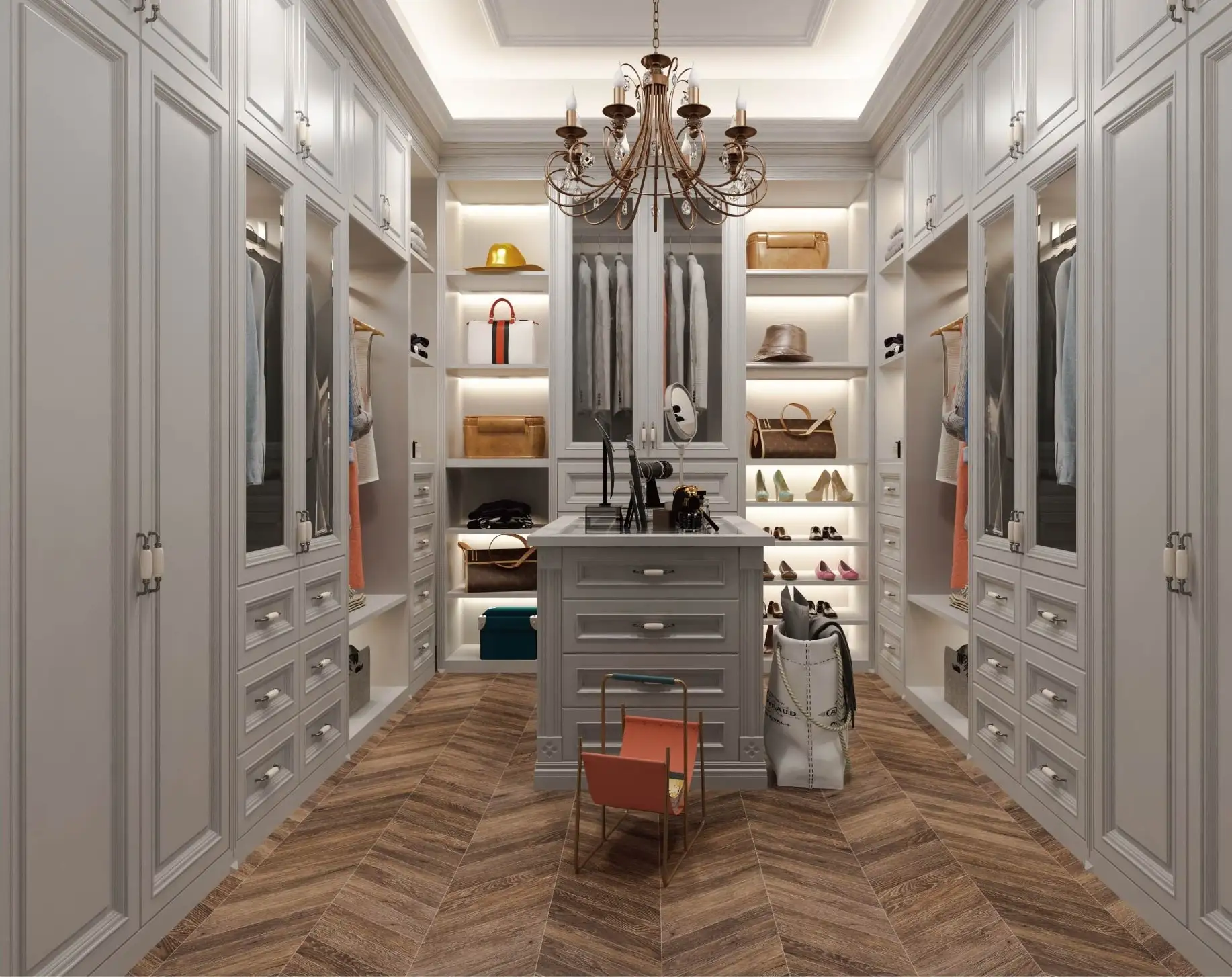 Traditional walk-in closet with a central island, herringbone floor and chandelier
