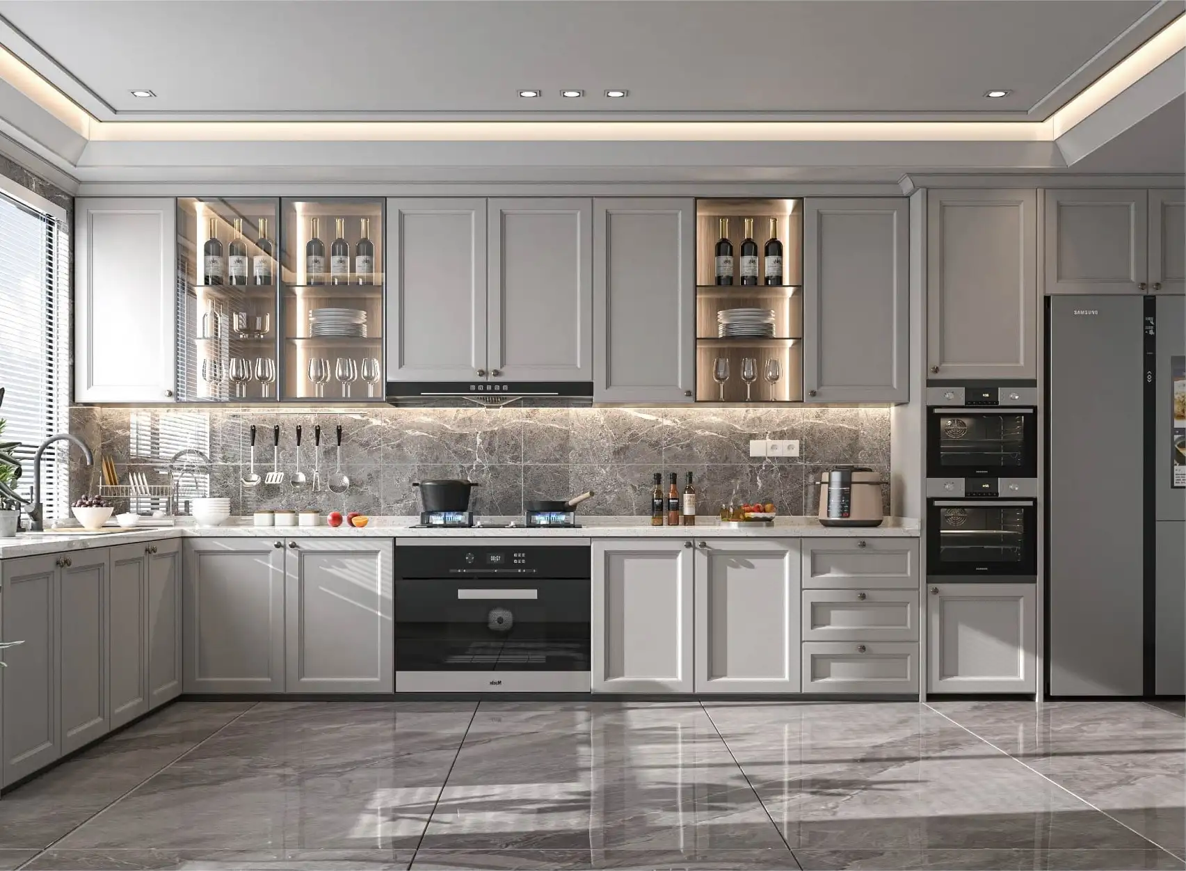 Grey traditional kitchen with glazed upper cabinets, stone backsplash and tall larder units