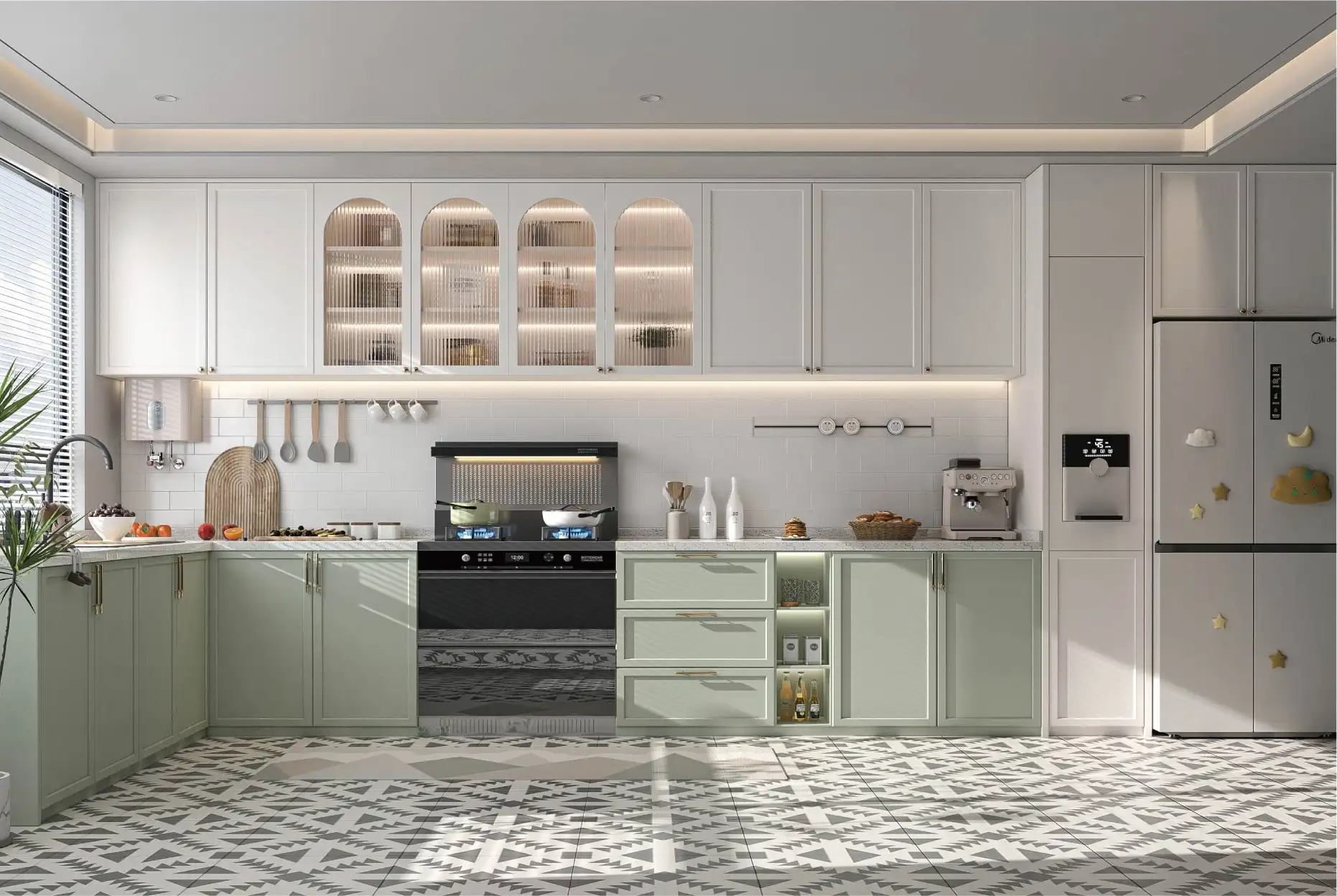 Sage green kitchen with arched glazed cabinets, brass hardware and patterned floor tiles