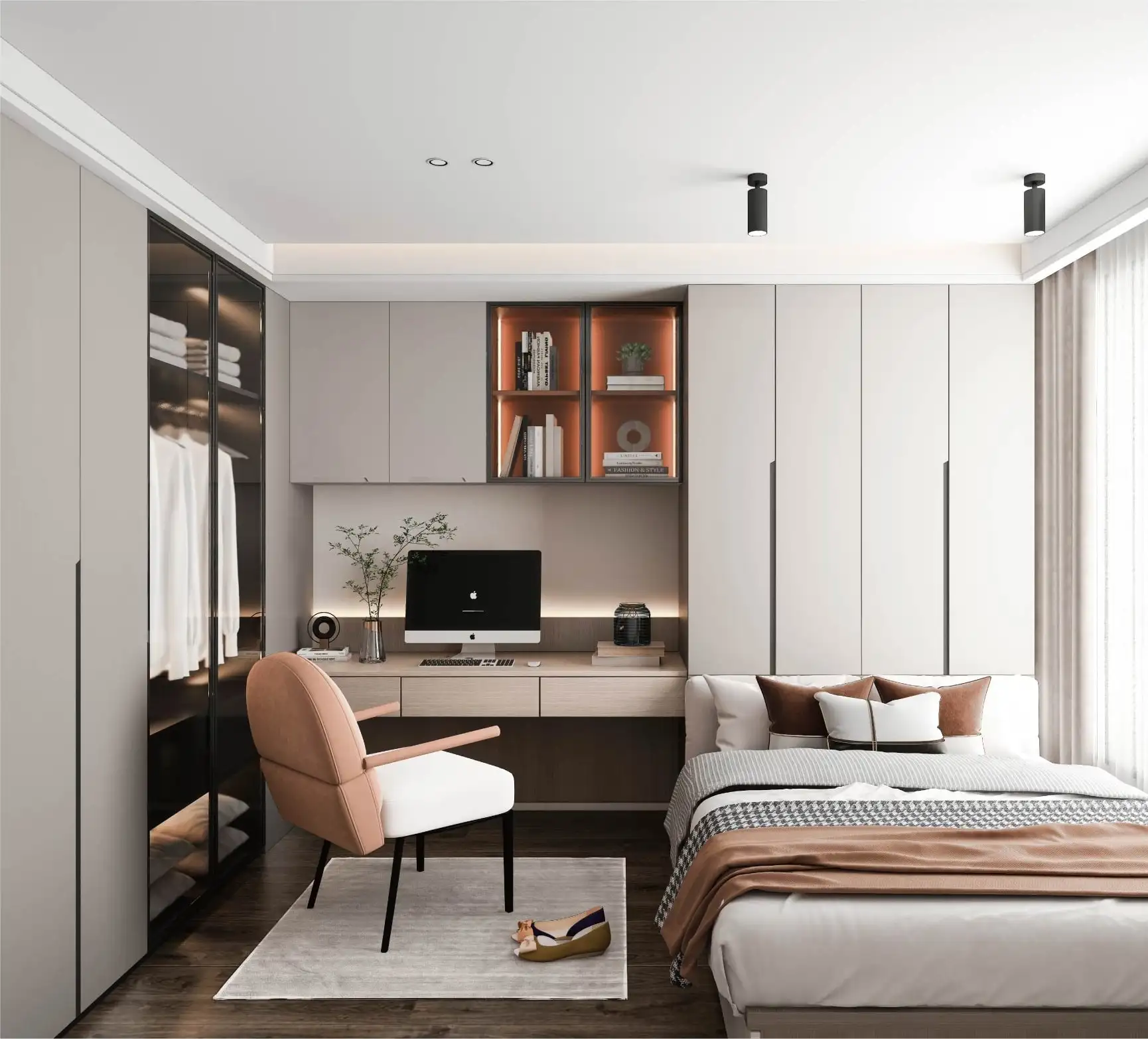 Bedroom with a built-in desk, wardrobe run and open shelving in warm wood and white
