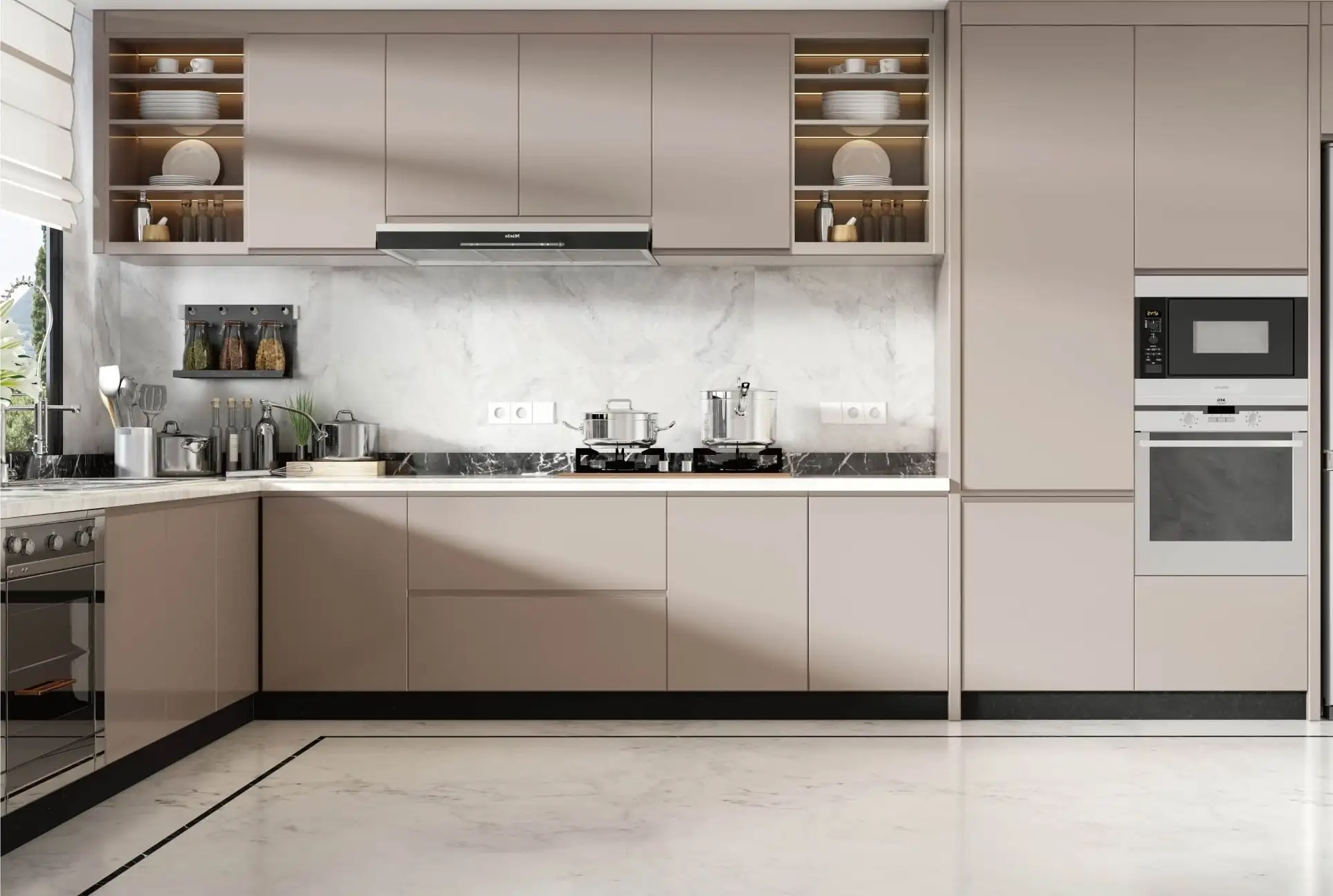 Taupe handleless kitchen with a marble backsplash and integrated wall ovens