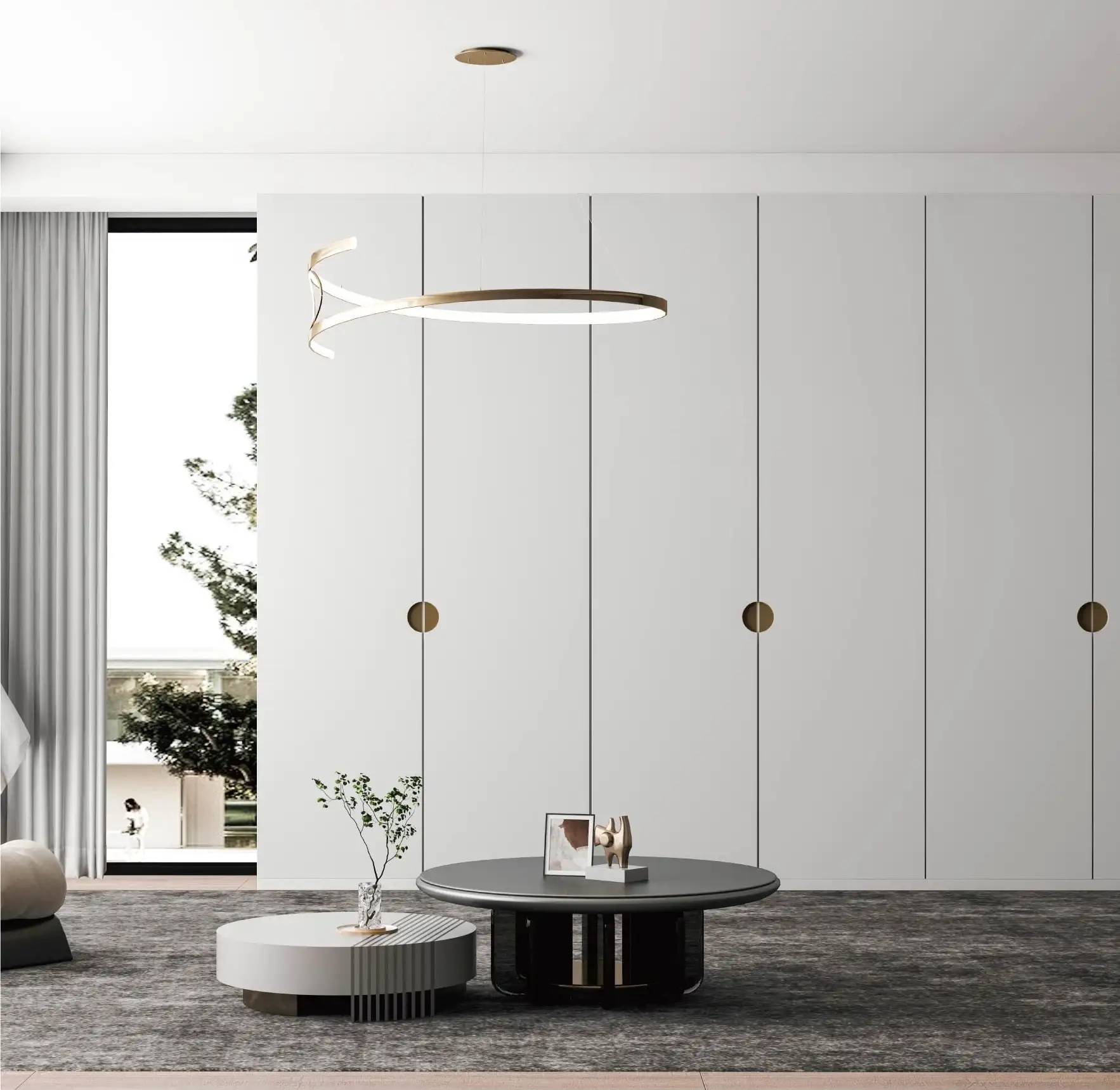 White wardrobe run with slim vertical reveals and a circular pendant light